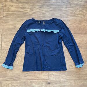 Talbots T-Shirt Size M Ruffle Detail Long Sleeve Tee Navy Blue Keyhole Back